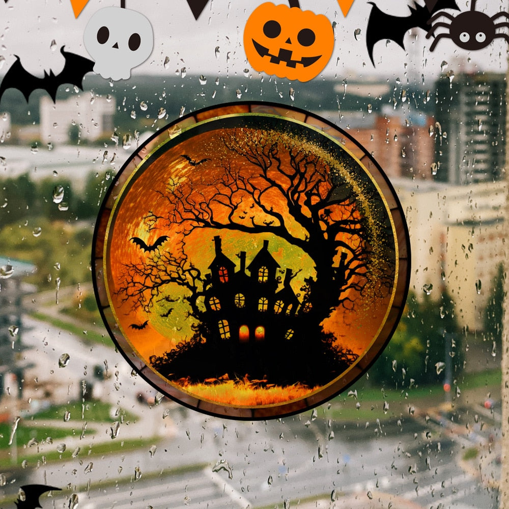 Halloween-Aufkleber, bunt, Horror-Schloss, Katze, statische PVC-Fensterglas-Aufkleber, kleberfrei, dekorative Folie, Party-Heimdekoration