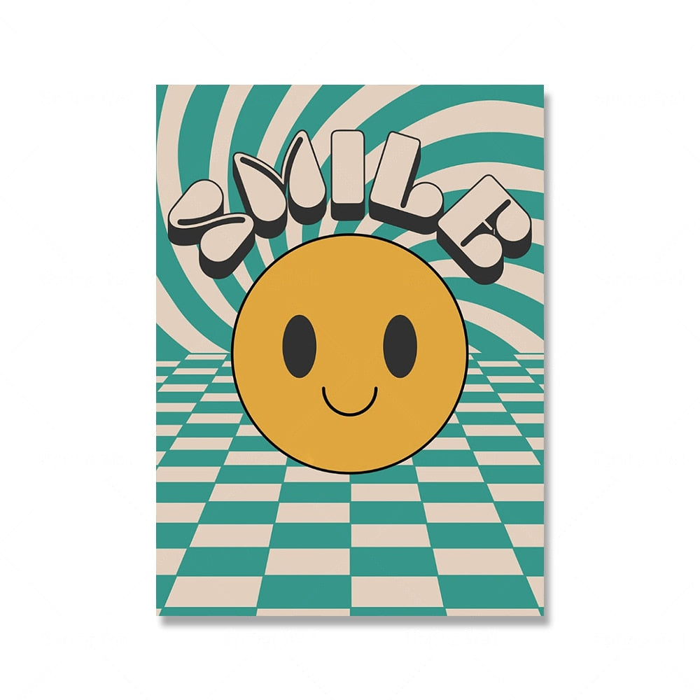 Lachende lächelnde Blumen Cartoon Poster Retro Groovy 70er Jahre Stil Wandkunst Bilder trendige Hippie Leinwand Malerei Wohnzimmer Dekor
