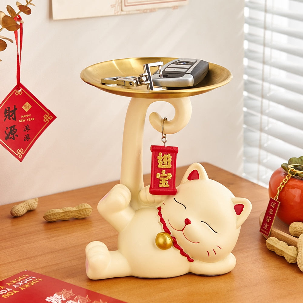Moderne Heimdekoration, Glückskatzen-Tablett, kreative Raumdekoration, Maneki-Neko-Skulptur und Figuren, Innenkunst, Skulpturenhandwerk