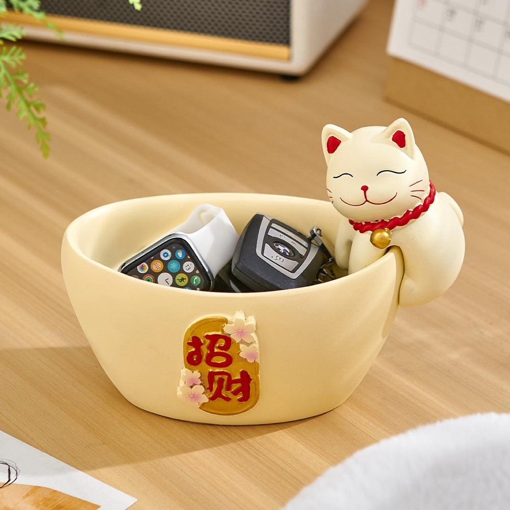 Moderne Heimdekoration, Glückskatzen-Tablett, kreative Raumdekoration, Maneki-Neko-Skulptur und Figuren, Innenkunst, Skulpturenhandwerk