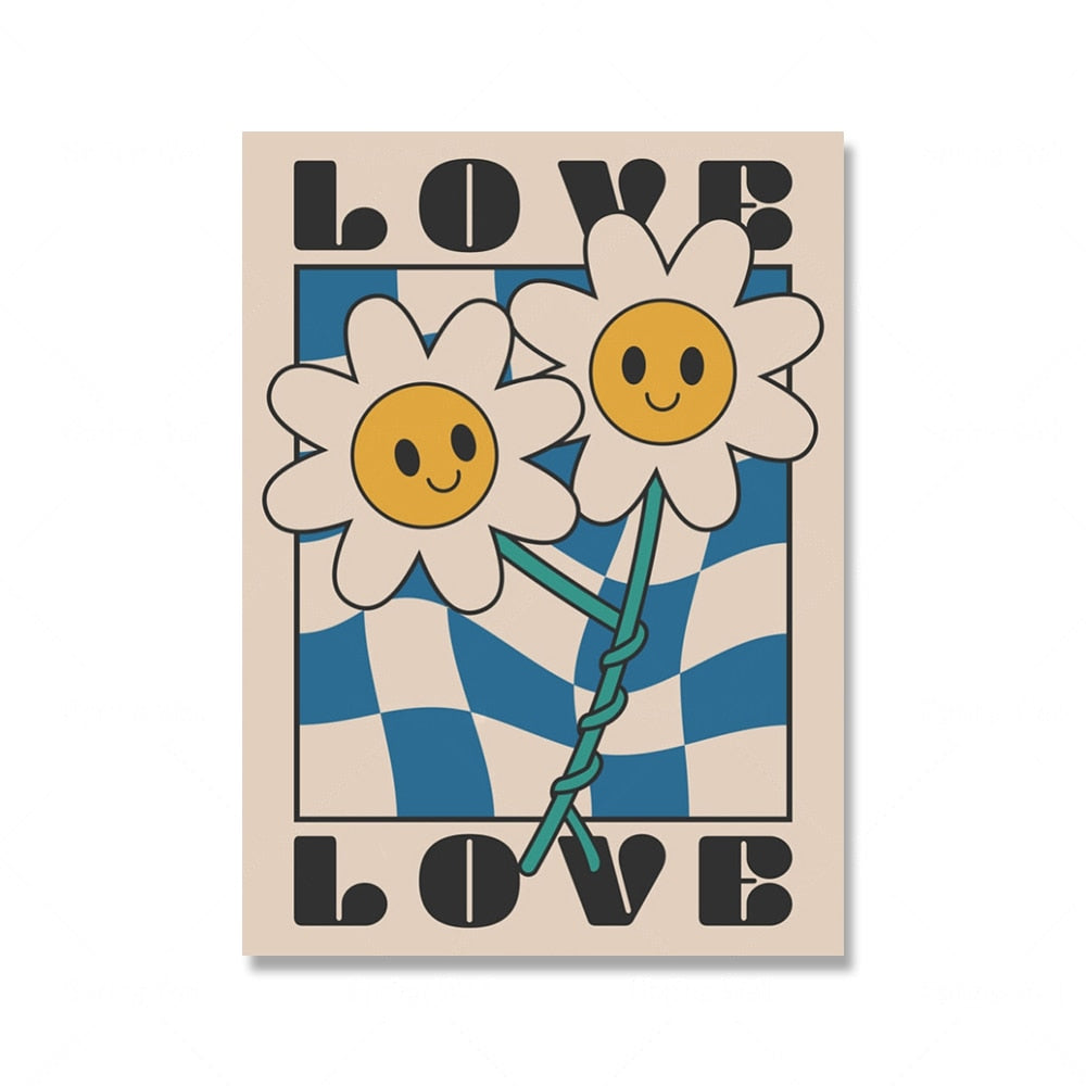 Lachende lächelnde Blumen Cartoon Poster Retro Groovy 70er Jahre Stil Wandkunst Bilder trendige Hippie Leinwand Malerei Wohnzimmer Dekor