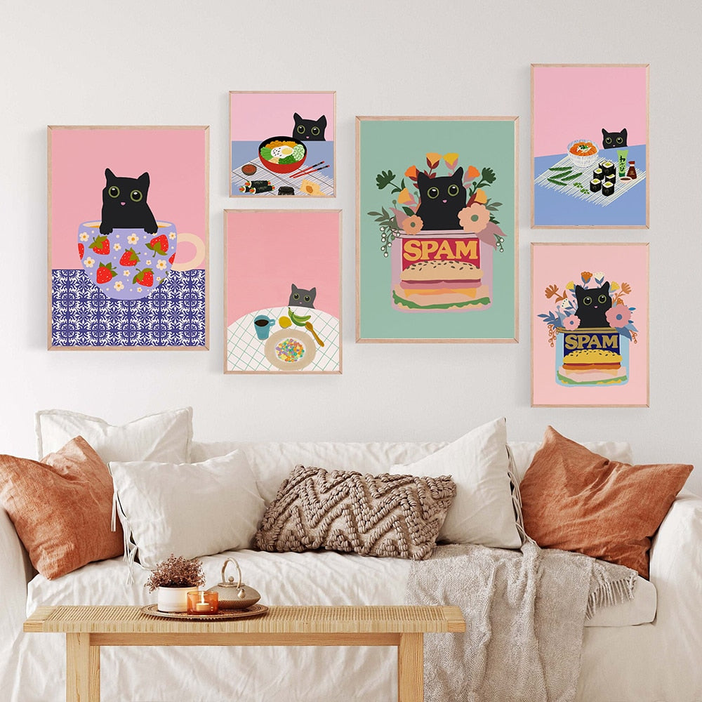 Koreanisches Essen Straße Kimchee Poster Druck Moderne schwarze Katze Picknick Küche Wand Kunst Leinwand Malerei Dekor Zuhause Ostern Kinderzimmer