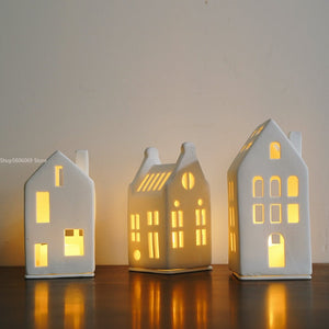 Scandinavian Style Small House Candle Holder Ceramic Hollowed Out Architectural Wax Holder Pure White Home Accessories Lamp acacuss
