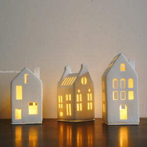 Scandinavian Style Small House Candle Holder Ceramic Hollowed Out Architectural Wax Holder Pure White Home Accessories Lamp acacuss
