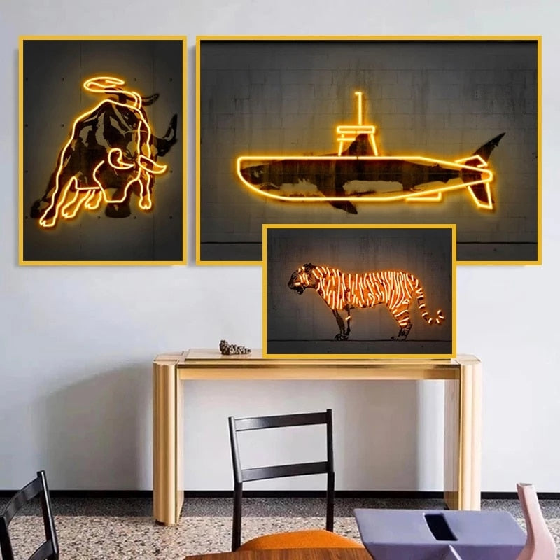 Neon Wandkunst Dekoration Malerei Ballon Hund Zebra Bull Hirsch Leinwand Malerei Tier Graffiti Poster für Bar Kinderzimmer Zimmer Dekor