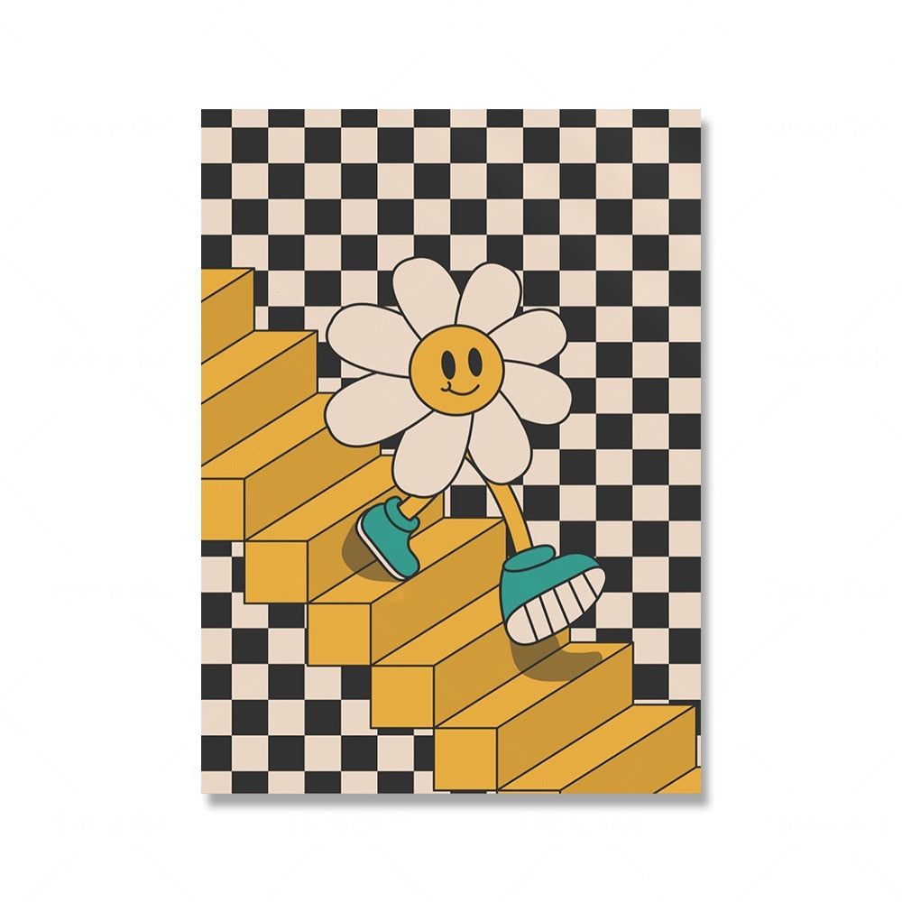 Lachende lächelnde Blumen Cartoon Poster Retro Groovy 70er Jahre Stil Wandkunst Bilder trendige Hippie Leinwand Malerei Wohnzimmer Dekor
