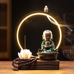Sitting Buddha Cone Incense waterfall Holder Backflow Incense Burner Led Home Living Room Desktop - acacuss