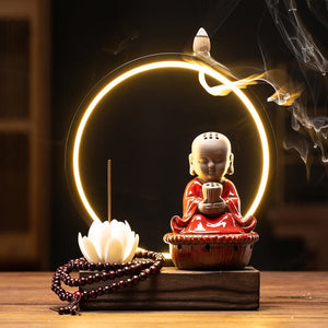 Sitting Buddha Cone Incense waterfall Holder Backflow Incense Burner Led Home Living Room Desktop - acacuss