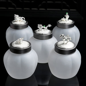 Translucent Glass Jar Tea Caddy Animal Cover Decorative Jar Sealed Jars Thickened Glass Tea Box Home Storage Tank Tea Organizer acacuss