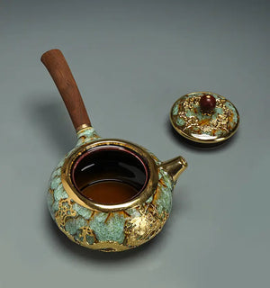 Unique Kung Fu Teapot Handmade GOLD Plated with Ebony wood side handle - ACACUSS
