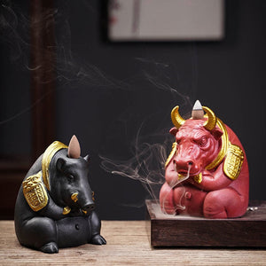 VILEAD Ceramic Bull Statue Animal Backflow Incense Burner Figurine Geometric Cattle Sculpture Home Office Desktop Decoration acacuss