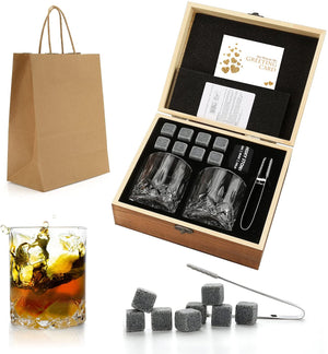 Whiskey Stones & Glasses Set, Granite Ice Cube For Whisky, Whiski Chilling Rocks In Wooden Box, Best Gift For Dad Husband Men acacuss