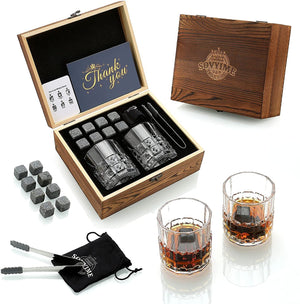 Whiskey Stones & Glasses Set, Granite Ice Cube For Whisky, Whiski Chilling Rocks In Wooden Box, Best Gift For Dad Husband Men acacuss