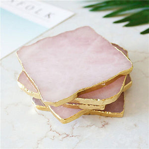 Wholesale 1pcs Natural Rose Quartz Coaster Hexagon Crystal Platter Electroplated Gold Color Jewelry for Cup Mat Display acacuss