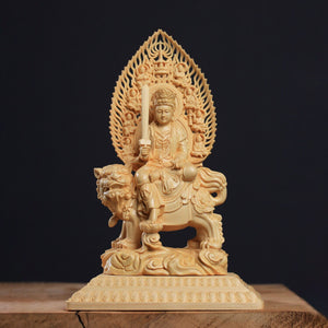 Wooden Carving Samantabhadra Manjushri Buddhist Figure Statue Solid Wood Carving Feng Shui Ornament Home Living Room Decoration acacuss