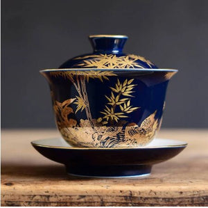 blue sketch gaiwan porcelain blue glaze China cup bowl saucer Chinese tureen ceramic kungfu tea set tea bowls lid acacuss