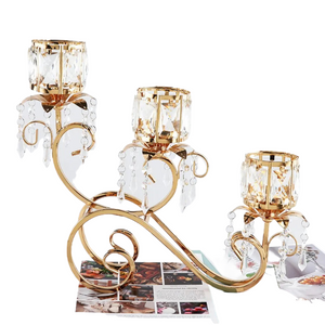 1pc 3 Arms Golden Candelabra Candle Holder Crystal Votive Candle Holder Pillar Candle Holders, Vintage Curtain Candlestick acacuss