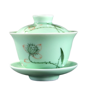 longquan celadon gaiwan porcelain handpainted tureen fish relief cup bowl with lid saucer mountain river print lotus design acacuss