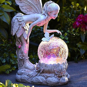 Flower Fairy Ornament, Garden Crystal Ball Solar Night Light, Angel Girl Statue, Resin Craft Outdoor Home Decoration Accessories acacuss