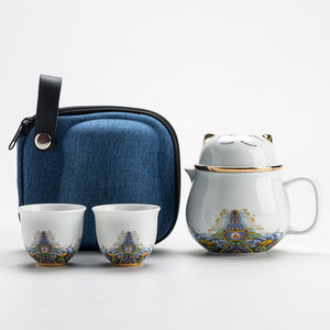 ACACUSS Ceramic Portable Travel Tea Set I Gift packed I Travel Tea Set Ceramics I Forbidden City Cat Cup With Lid Ceramic Female Tea - ACACUSS