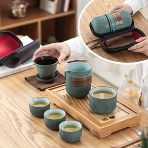Glass Kuai Ke Cup One Pot Four Cups Portable Travel Tea Set with Bag | Bluestone Glaze Striped Quick Guest Cup | Four Cups Ceramic - acacuss