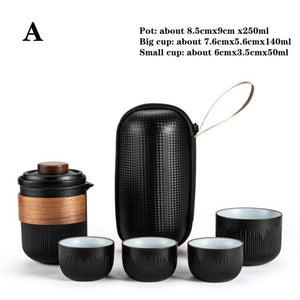 Glass Kuai Ke Cup One Pot Four Cups Portable Travel Tea Set with Bag | Bluestone Glaze Striped Quick Guest Cup | Four Cups Ceramic - acacuss