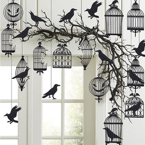 Glitter Black Crow Cage Halloween Party Decorations for Gothic Halloween Tree Hanging Decorations Raven Bird Cage Banner Garland acacuss