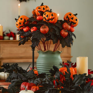 Halloween Fake Smiling Face Pumpkin Silk Maple Leaves Bouquet for Party Thanksgiving Day Home Fireplace Table Autumn Fall Decor acacuss