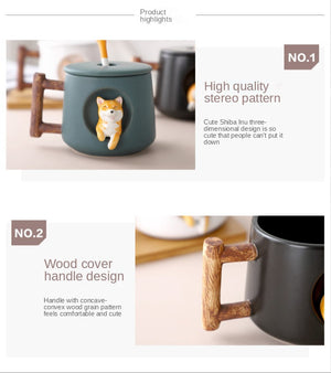 ACACUSS Handmade Shiba Inu Dog Lovers Large MUG For Coffee and Tea - Ceramic Personality Cute Shiba inu Mug With lid and spoon - ACACUSS