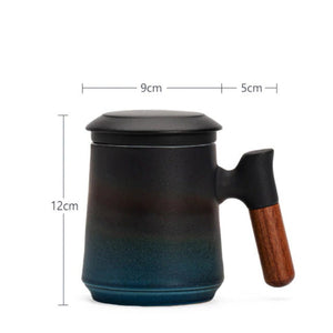 ACACUSS Japanese Ceramic Tea mug Set with Infuser and Lid Handmade Personalization Wooden Handle Filtered Tea Mountain Pottery Tea mug 450ml - ACACUSS