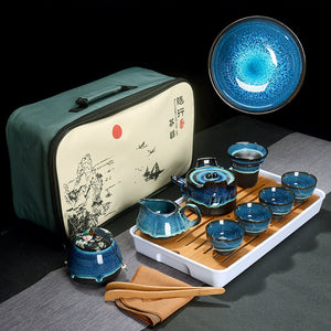 ACACUSS Kung Fu tea set travel bag - Chinese Tea Set Blue Amber Glaze Ceramic Temmoku Glaze Exquisite KungFu Portable Teapot Gaiwan Tea Cups - ACACUSS