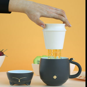 ACACUSS Lucky Cat Ceramic Tea Cup with Infuser I Cute Cat Tea Mug Lid I Coffee Mug Milk Tea Cups Drinkware I Unique Design Home office Gift - ACACUSS