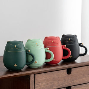 ACACUSS Lucky Cat Ceramic Tea Cup with Infuser I Cute Cat Tea Mug Lid I Coffee Mug Milk Tea Cups Drinkware I Unique Design Home office Gift - ACACUSS