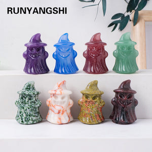 Natural Crystal Gemstone Crafts Ghost Statue Halloween Decoration Ornament Hat Ghost Carving Children's gifts acacuss