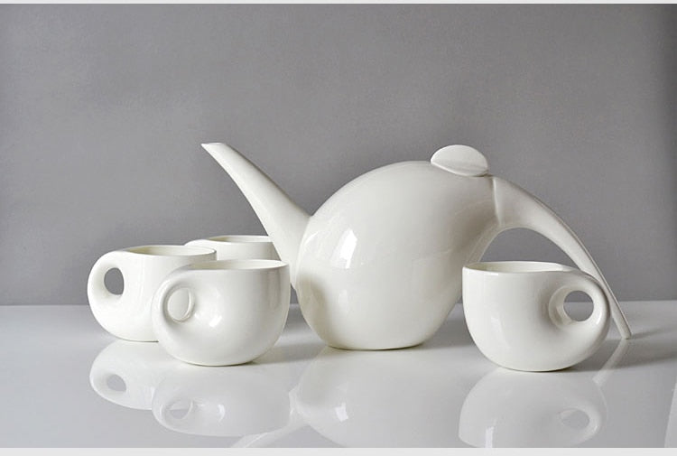 Plain white bone china tea pot & cup set , water drop shape, five-piec