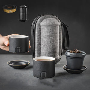 ACACUSS Portable Travel Tea Set | Black Stoneware 1 Tea Pot 2 Tea Cups | Office Drinkware | Handmade Tea Ceremony Accessories | quick guest - ACACUSS