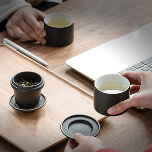 ACACUSS Portable Travel Tea Set | Black Stoneware 1 Tea Pot 2 Tea Cups | Office Drinkware | Handmade Tea Ceremony Accessories | quick guest - ACACUSS