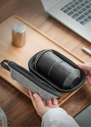 ACACUSS Portable Travel Tea Set | Black Stoneware 1 Tea Pot 2 Tea Cups | Office Drinkware | Handmade Tea Ceremony Accessories | quick guest - ACACUSS