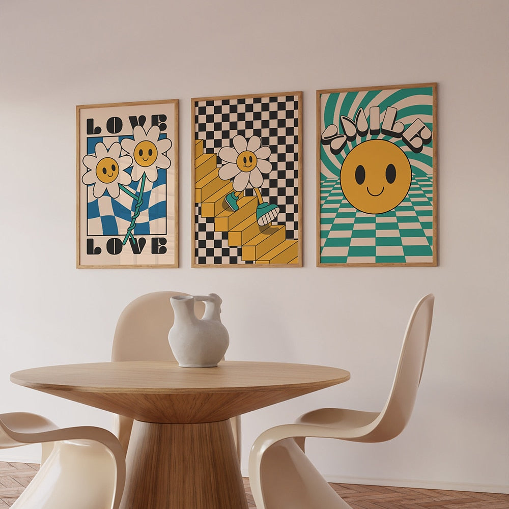 Lachende lächelnde Blumen Cartoon Poster Retro Groovy 70er Jahre Stil Wandkunst Bilder trendige Hippie Leinwand Malerei Wohnzimmer Dekor
