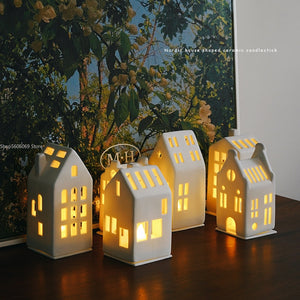 Scandinavian Style Small House Candle Holder Ceramic Hollowed Out Architectural Wax Holder Pure White Home Accessories Lamp acacuss