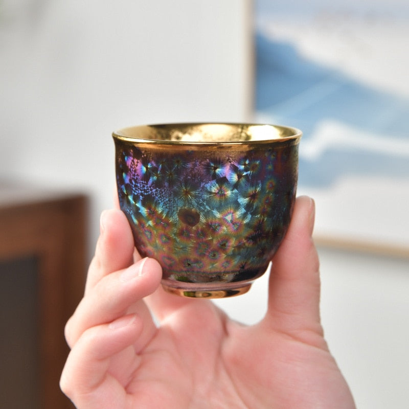 Mehrfarbige vergoldete Teetasse, Keramik-Teetasse, Jianzhan, einzelne Teeschale, Ofentransmutation, Master-Tasse, chinesisches exquisites Tee-Set