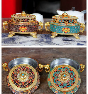 Tibetan Dish Incense Burner Color Copper Alloy Painted Incense Burner - indoor Meditation Engraving Temples Smoke Supply Furnace Ornaments - ACACUSS