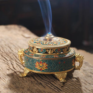 Tibetan Dish Incense Burner Color Copper Alloy Painted Incense Burner - indoor Meditation Engraving Temples Smoke Supply Furnace Ornaments - ACACUSS