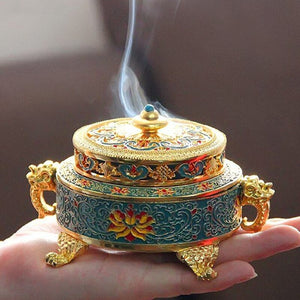 Tibetan Dish Incense Burner Color Copper Alloy Painted Incense Burner - indoor Meditation Engraving Temples Smoke Supply Furnace Ornaments - ACACUSS