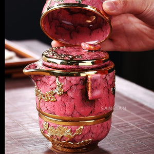 Gold-inlaid jade One Pot And Two Cups Ceramic Kung Fu Tea Set I Jianzhan ceramics inlaid gold portable travel tea set. - ACACUSS