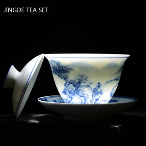 White Porcelain Blue and White Landscape Gaiwan Home with Cover Tea Cup Bowl Chinese Ceramic Tea Sets Handmade Tea Maker acacuss