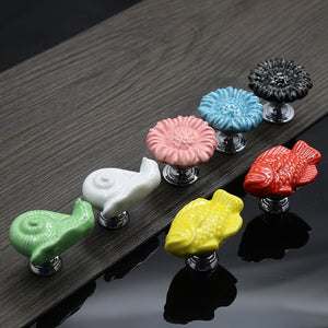 Zinc Alloy Ceramic Handle Round Cabinet Handles Wardrobe Single Hole Desk Drawer Knobs Pastoral Snails Sunflower Fish Pulls acacuss