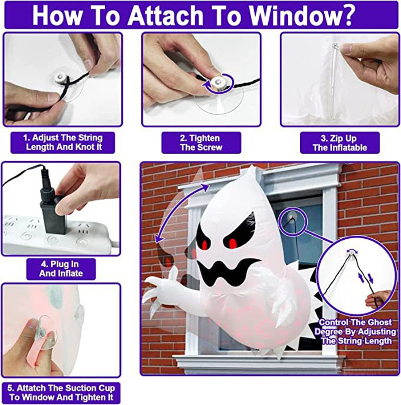 1.4m Halloween Inflatable Ghost Horror Window Ghost Foldable Glowing Balloon Outdoor Courtyard Garden Decoration Fun Party Tool acacuss