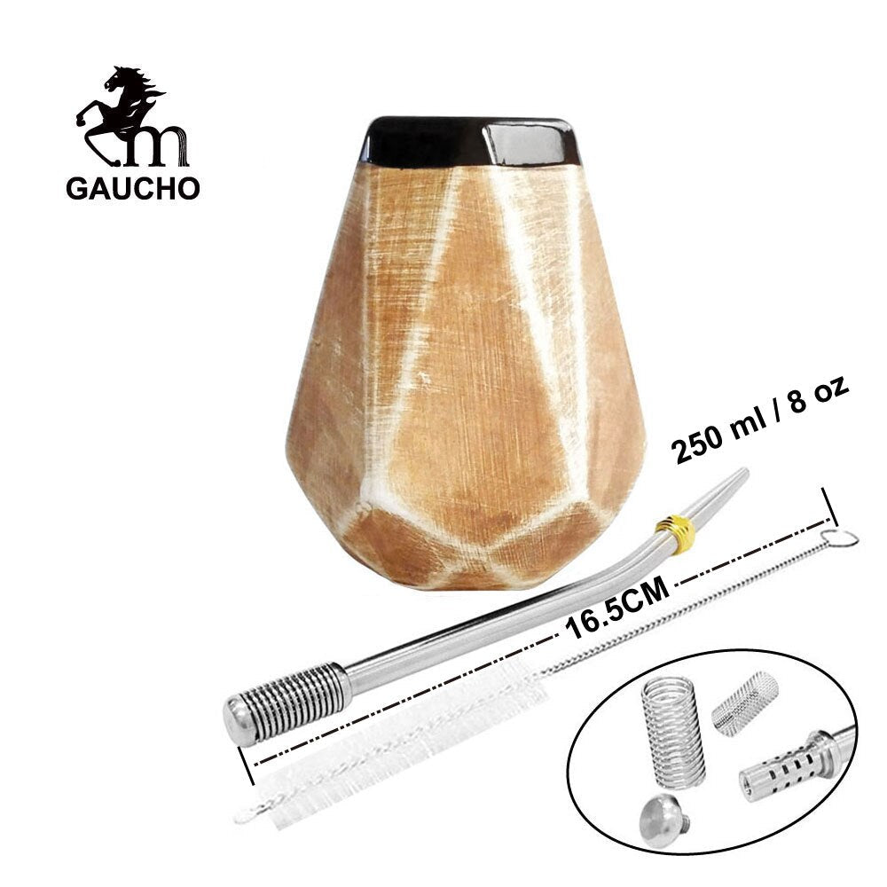 1 PC/Lot Gaucho Yerba Mate Gourds Ceramic Calabash Cups 250 ML With Filter Straw Bombilla & Cleaning Brush acacuss