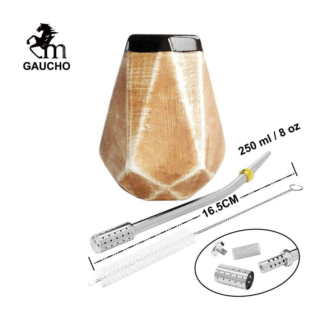 1 PC/Lot Gaucho Yerba Mate Gourds Ceramic Calabash Cups 250 ML With Filter Straw Bombilla & Cleaning Brush acacuss